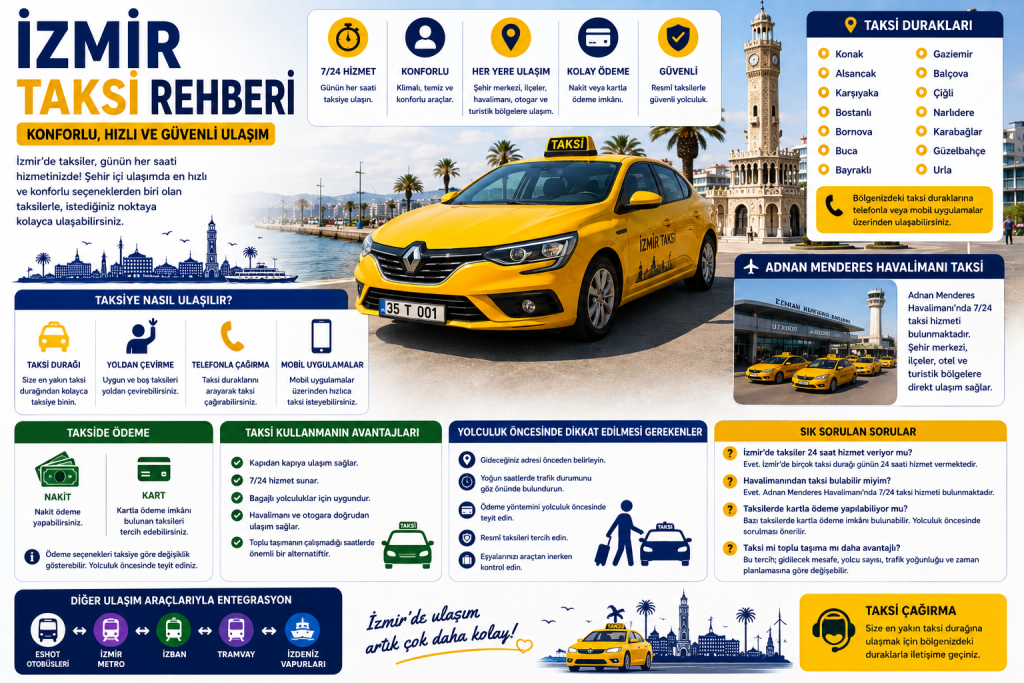 İzmir Taksi Rehberi ile şehir içi taksi kullanımı, taksi durakları, ödeme yöntemleri, havalimanı ulaşımı ve sık sorulan sorular hakkında kapsamlı bilgi edinin.
